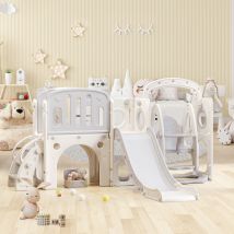 Toboggan pour enfants 7-en-1 avec balançoire, plateforme, placard, jeu de perçage, panier de basket et escalier, 215×150×106 cm, Gris+Blanc