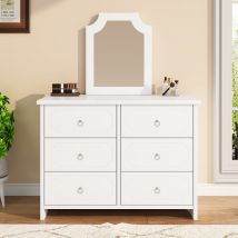 Commode avec miroir et 6 tiroirs, miroir amovible, glissières silencieuses, MDF + panneau de particules, bois,100×50×132 cm, Blanc