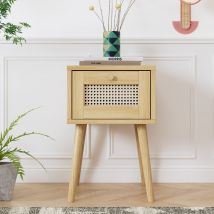 Table de chevet classique avec plateau de tiroir en rotin, poignée en métal doré et longues jambes en bois, espace de rangement pour salon et chambre, 38×38×58,5 cm, Naturel