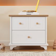 Table de chevet avec 2 tiroirs, glissières silencieuses, pieds joliment travaillés, pour le salon et la chambre, 60×40×51,5 cm, Blanc+Naturel
