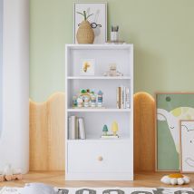 Étagère avec trois tablettes et tiroir, glisseurs silencieux, MDF, 60×50×120 cm, Blanc