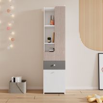 Grande bibliothèque pour adolescents, avec porte en forme de L, tiroir et ample espace de rangement, MDF, 45×40×184 cm, Blanc+gris