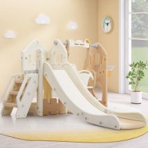 Toboggan 5-en-1 pour enfants avec balançoire, structure d'escalade, panier de basket et espace de rangement, 179×184×103 cm, Marron+Blanc
