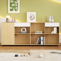 Armoires, Bibliothèque boisé avec étagères et roulettes, combinables de manière flexible, 222×34×95 cm, Naturel+Blanc   Aosom France