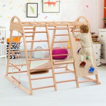 Cadre d'escalade multifonctionnel 7 en 1, échelle de corde, toboggan, filet, prises d'escalade, anneaux, maison-tente, 134×120×120 cm, Naturel