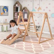Aire de jeux pour enfants 3-en-1 en bois, toboggan, balançoire et structure d'escalade, 123,5×113×114 cm, Naturel