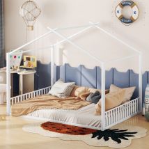Lit double, Lit 2 places rembourré 140×200 cm, lit en fer en forme de maison, sans matelas, Blanc   Aosom France
