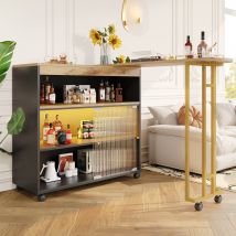 Table de bar extensible avec rangement, avec LED, mobile, Table haute bistrot îlot de cuisine, 138-204×39×105 cm, Noir