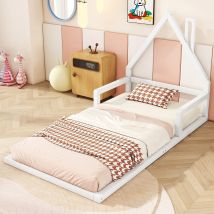 Lit simple Lits d'enfant en forme de maison, Lit simple 90x200cm, sans matelas, Blanc   Aosom France