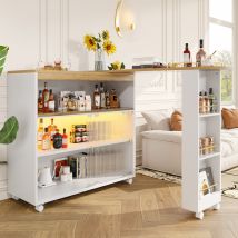 Table de bar extensible avec rangement, avec LED, Table haute bistrot îlot de cuisine, Grand espace de rangement, 138-204×39×105 cm, Blanc