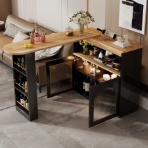 Table haute, Table de bar extensible moderne, Table bar cuisine avec rangement, rotatif, avec bande lumineuse LED, 138-193×39×105 cm, Noir