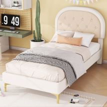 Lit rembourré 90×200 cm, tête de lit courbée en velours, sans matelas, Beige