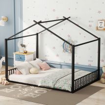 Lit pour enfant 140×200 cm, lit en fer en forme de maison,sans matelas, Noir