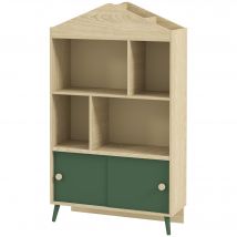 AIYAPLAY Bibliothèque et meuble de rangement jouets pour enfants, 4 étagères et placard porte coulissante, design, vert