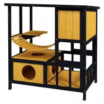 PawHut Maison pour chat Cabane pour chat Maison de chat, résistante aux intempéries, 1 rampe, 1 plateforme, 84,5 x 60 x 88 cm, Vert + Naturel