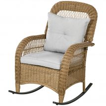 Chaise à Bascule Outsunny au Style Boho, Rotin PE, Chaise à Bascule en Rotin, Housses de Coussin Lavables, Nature + Gris clair