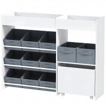 AIYAPLAY Étagère de rangement pour enfants, étagère à jouets avec 11 boîtes en tissu, étagères supérieures, 3 autocollants, Blanc