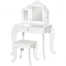 HOMCOM Kinderschminktisch mit Hocker, dreiteiligem Spiegel und ausziehbarer Schublade - Schminktisch Maße 63L x 40B x 85,5H cm - Weiß Acryl   Aosom