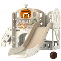 AIYAPLAY Aire de jeu pour enfants, glissoire 7-en-1, Aire de jeux intérieure avec espace de rangement et tunnel rampant, 186x153x111 cm, Blanc crème