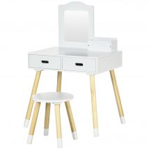 ZONEKIZ Kinder-Friseuse Schminktisch mit Hocker Spiegel und 2 Schubladen 3 bis 6 Jahre - 60 x 40 x 95 cm - Weiß und Holz   Aosom