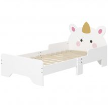 ZONEKIZ Kinderbett, Einhorn-Design, 3 bis 6 Jahre, inkl. Lattenrost, 143 x 74 x 67 cm, Kinderbett, Seitengitter, max. Belastung 80 kg, Rosa   Aosom
