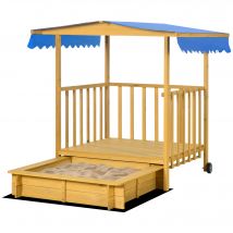 Outsunny Bac à Sable Bac à Sable avec Maison de Jeu Bac à Sable avec Auvent, 133 x 129 x 137, 5 cm, Bois + Bleu