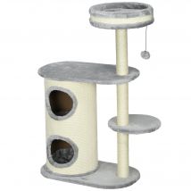 PawHut Arbre à Chat, Poteaux de Sisal, Peluche Douce, Multiniveaux, Jouet à Balle, Gris, 59x35x100 cm