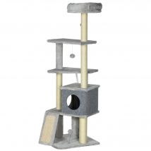 PawHut Katzenbaum Kletterbaum Kratzbaum für Katzen Höhe 146 cm Aktivitätszentrum mit Höhle Rampe Plattformen und hängenden Bällen ideal für 1-3 Katzen Grau   Aosom