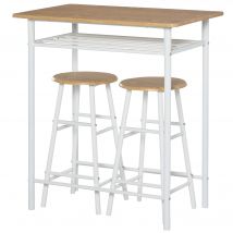 HOMCOM Ensemble de table de bar 3 pièces Table à manger avec 2 tabourets de bar Groupe de salle à manger Table de cuisine et chaises Table debout et tabourets de bar avec étagère de rangement Métal 80 x 50 x 90 cm Blanc