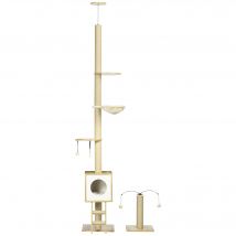 PawHut Set aus 2 Boden-Decke-Kratzbäumen mit höhenverstellbarer 225-285 cm 4 Ebenen - Höhle, Hängematte, Leiter, Spielzeug - Beige   Aosom