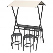 Outsunny Ensemble de meubles de bar d'extérieur, imitation rotin, 4 tabourets de bar & 1 table haute, avec auvent, cadre métallique, noir/kaki