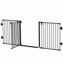 PawHut Barrière de Sécurité pour Chiens Barrière de Porte pour Animaux de Compagnie Barrière de Protection Réglable Pliable avec Porte qui se Ferme Automatiquement 3 Panneaux pour Cheminée Fixation Murale/Autoportant Noir 202,5 x 76 cm