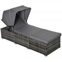 Outsunny Chaise longue en rotin polymère avec auvent Transat réglable Lit de jardin en rotin Mobilier de jardin avec coussins Gris 195x65x40cm