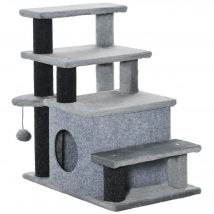 PawHut Arbre à gratter, escalier pour animaux, 4 marches, balle de jeu, maisonnette, ajustable en hauteur, noir+gris, 60 x 40 x 66 cm
