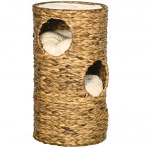 PawHut Grotte pour chats avec 3 niveaux, 3 entrées, design bohème, coussin inclus, 40 cm x 40 cm x 73 cm, Marron clair + Crème