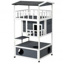 PawHut Maison pour chats en bois de pin avec terrasse 4 étages Villa pour chats avec escalier Toit en asphalte Résistant à l'hiver Gris 75,5x75x137cm