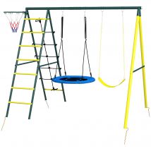 Outsunny Structure de balançoire pour enfants avec 2 balançoires, panier de basket, échelle d'escalade, 267x180x202 cm, Jaune