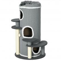 PawHut Arbre à chat Kratztonne, 2 cachettes pour chats, 4 surfaces de repos, 4 poteaux à gratter, 57 cm x 57 cm x 99 cm, Gris + Blanc