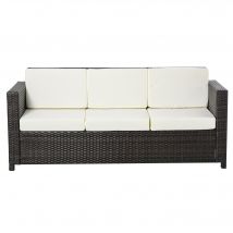 Outsunny Canapé de Jardin 3 Places en Polyrotin avec Coussins - Canapé de Terrasse en Métal et Polyester Marron + Blanc 185 x 70 x 80 cm