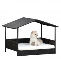 PawHut Maison pour Chien en Rotin avec Coussin, Lit pour Chien, Chenil pour Chien en Plein Air, Cadre en Acier, Plastique, Marron Café, 69x98x70cm