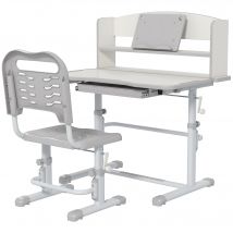ZONEKIZ Kinder-Schreibtisch mit Stuhl aus Stahl - Kinder-Schreibtisch- und Stuhlset mit Höhenverstellung - Regal, ausziehbare Ablage mit vielfältiger Aufbewahrung, neigbarer Schreibtisch 45° - Grau-Weiß   Aosom