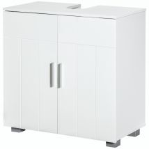 Kleankin Badezimmer-Unterschrank mit 2 Schwingtüren und 1 höhenverstellbaren Regal, auf Beinen, Griffe aus Aluminiumlegierung, Abmessungen 60L x 30B x 60H cm - MDF Weiß   Aosom