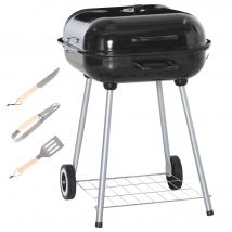 Outsunny Barbecue à charbon BBQ avec 2 roues, ustensiles, couvercle et étagère dim. 56L x 62l x 82H cm - métal émaillé noir
