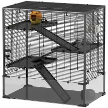 PawHut Cage pour hamster avec fond en verre, cage pour hamsters nains à quatre niveaux avec cabane et accessoires, 78,5L x 48,5l x 80H cm, Noir