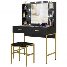 HOMCOM Coiffeuse avec miroir et éclairage intégré, tabouret rembourré, 2 tiroirs, étagères, coiffeuse moderne, noir