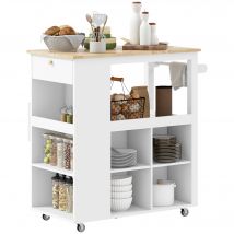 HOMCOM Desserte îlot de cuisine desserte à roulettes plateau en bois d'hévéa  4 étagères réglables porte-couteaux blanc