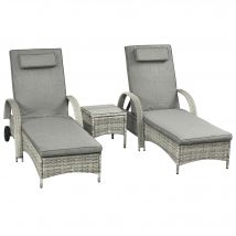 Outsunny Chaise Longue Table 3 pièces Ensemble de meubles de jardin, Rotin synthétique + Métal Gris