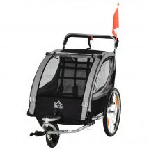 HOMCOM Remorque pour enfants, poussette, avec freins, pliable, pour 2 enfants, Gris/Noir
