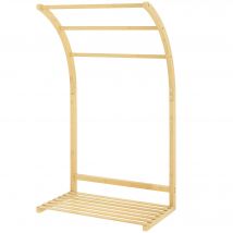 HOMCOM Porte-serviettes en bambou 3 barres avec étagère de rangement, pour la salle de bains et la buanderie, finition naturel