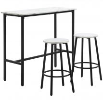 HOMCOM Bartisch-Set + 2 Hocker Stahlrahmen marmorierte Oberfläche 2 Personen Weiß   Aosom